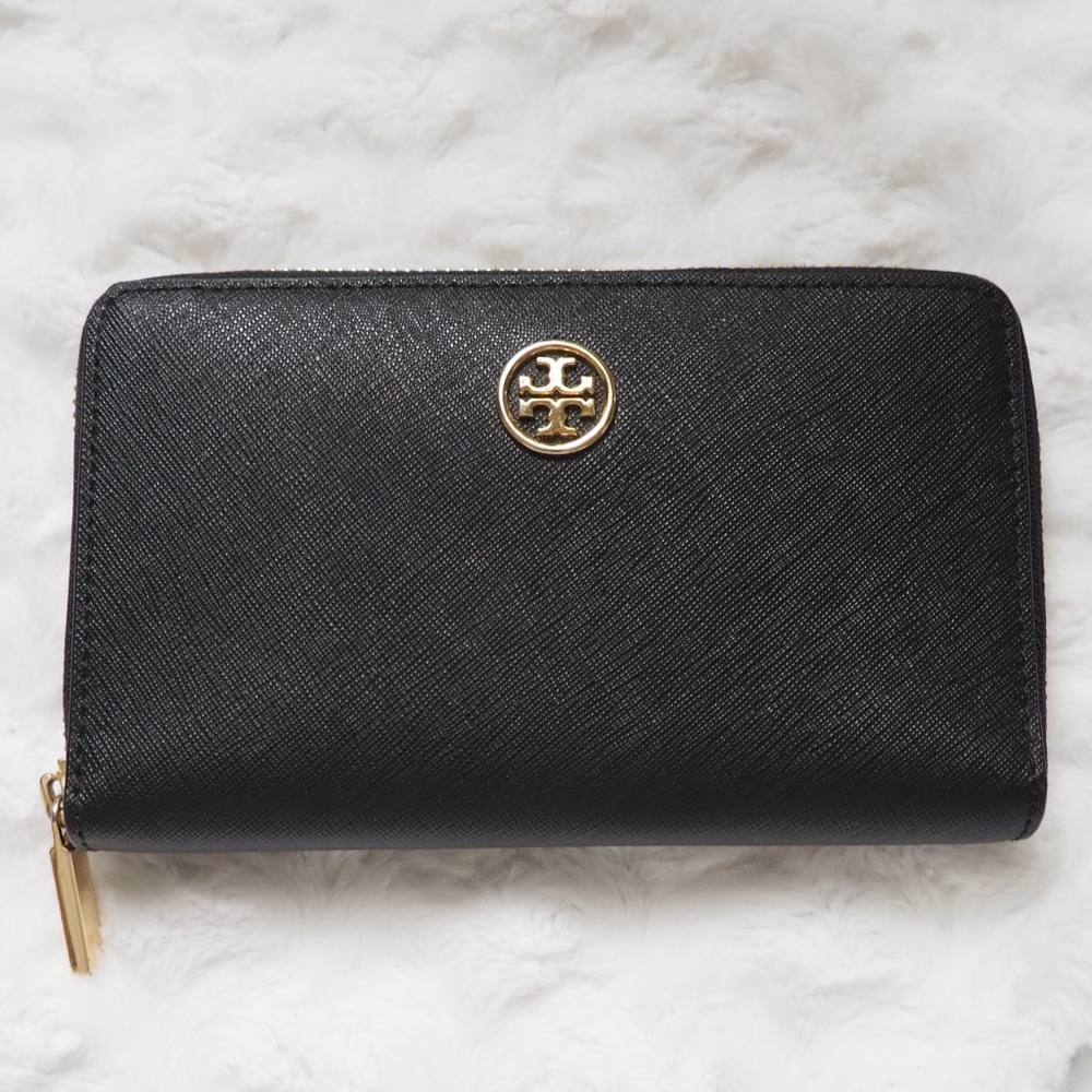 Tory Burch Black Robinson Saffiano Leather Zip Wallet